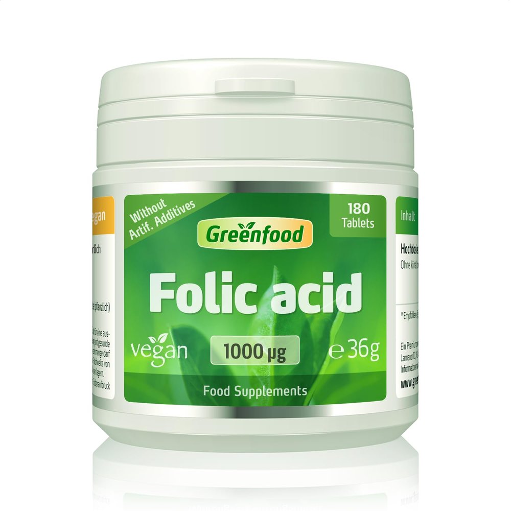 Greenfood Folic Acid, 1000 g, Extra high dose, 180 Tablets - Plays a Role in The Cell Division Process, contributes to Normal Blood Formation and Maternal Tissue Growth During Pregnancy. Vegan.