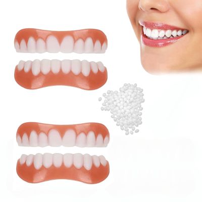 Brigtviee 2 Pairs Clip On Teet,Natural Cosmetic Whitening Temporary Tooth,Upper & Lower False Teeth Covers, Snap On Teeth,Easy Use Silicone Reline Kit For Dentures For Men & Women