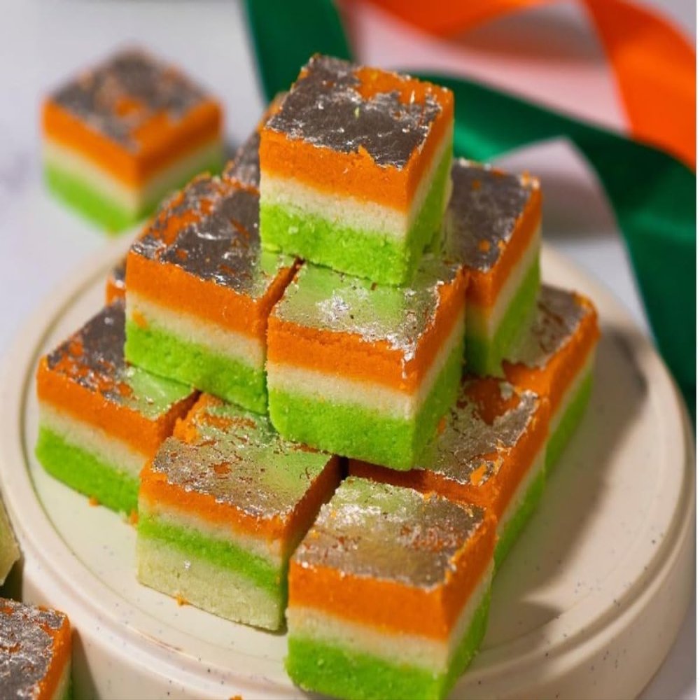 Diwali Present-Lily's Indian Vegetarian Cuisine, Tiranga Barfi With Tri-Coloured Layered Squares, Orange, Green and White Serve with Multi Pieces (4)