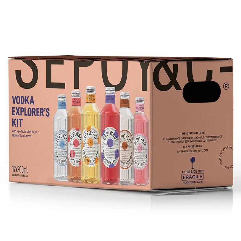 Sepoy & Co. Premium Cocktail Mixers Kit to pair with Vodka | Low Calorie, Less Sugar, 100% Organic Mixers made with Pure Himalayan Water | 12 * 200ml Glass Bottles | Exclusive Gifting Option