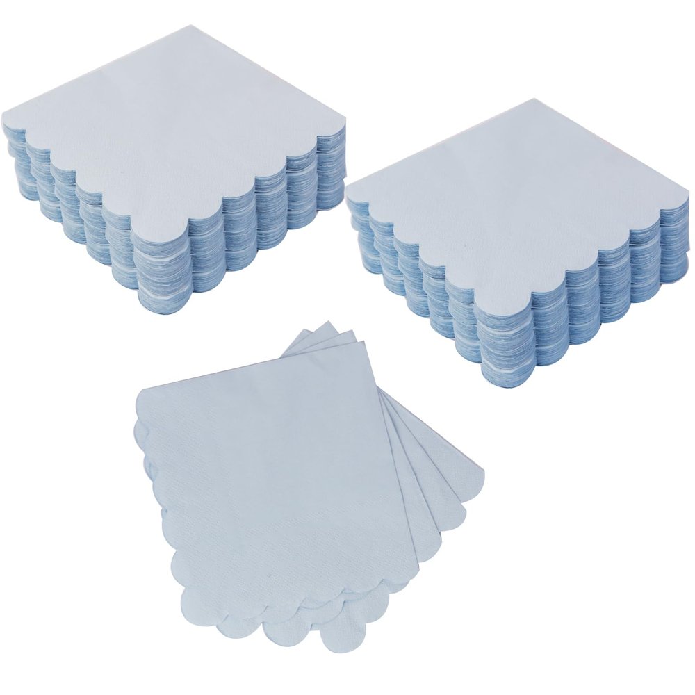 100 Pack Cocktail Napkin, 2-Ply Scalloped Edged Dessert Napkins Folded, Disposable Napkins for Dinner Wedding, Baby Shower, Birthday Party, Bridal Anniversary Reception Event(Blue)