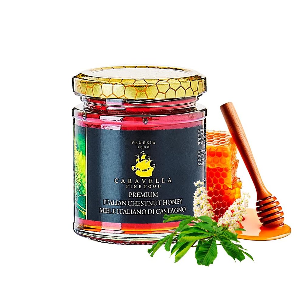 Caravella Fine Food Chestnut Honey 250g Italian | Dark Rich & Robust | Pure Raw Unpasteurized | Natural Antioxidants & Minerals Energy boosting | Bold Flavor for Cheeses Tea Sweetener Cooking