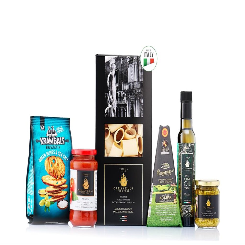 Caravella Fine Food - Italian Food Gift " Classico n2"- Selection of Artisan Pasta, EVO Olive Oil, Tomato&Basil Pasta Sauce, Parmigiano Reggiano Cheese, Green olives pat, crunchy Bruschetta