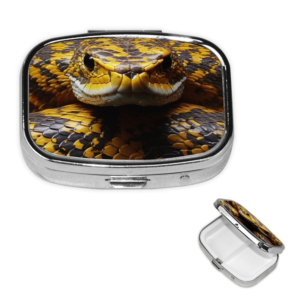 Yellow Snake Pill Box 2 Compartment Pill Case for Purse & Pocket Cute Pill Organizer with Mirror Portable Travel Pillbox Metal Square Medicine Organizer Unique Gift
