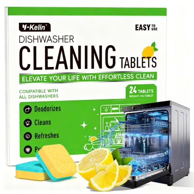 Y-Kelin Dishwasher Cleaner and Descaler Tablets, 24-Pack Removes Limescale & Grease Buildup, Compatible with Standard Dishwashers