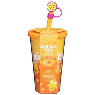 BargainsMania Bubble Tea & Tumbler Set - Passion Fruit & Mango - Enjoy A Delicious in A Matching Tumbler - Includes: Bubble Tea Cup with Straw, Tea Bag, Syrup, Flavoured Popping