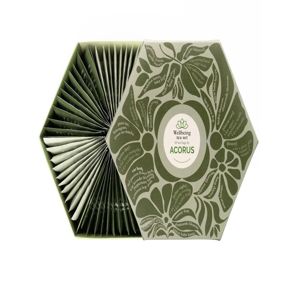 ACORUS I Wellbeing Tea Set - Assorted Natural Herbal Tea Hamper - Large Variety Pack with 6 Different Functional Teas, 60 Bags