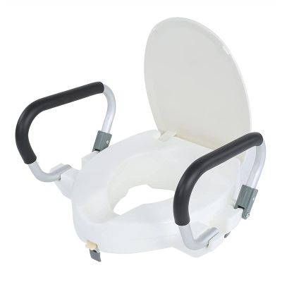 10cm Elevated Raised Toilet Seat for Elderly with Removable Padded Arms and Lid White Toilet Frame Lift Cover