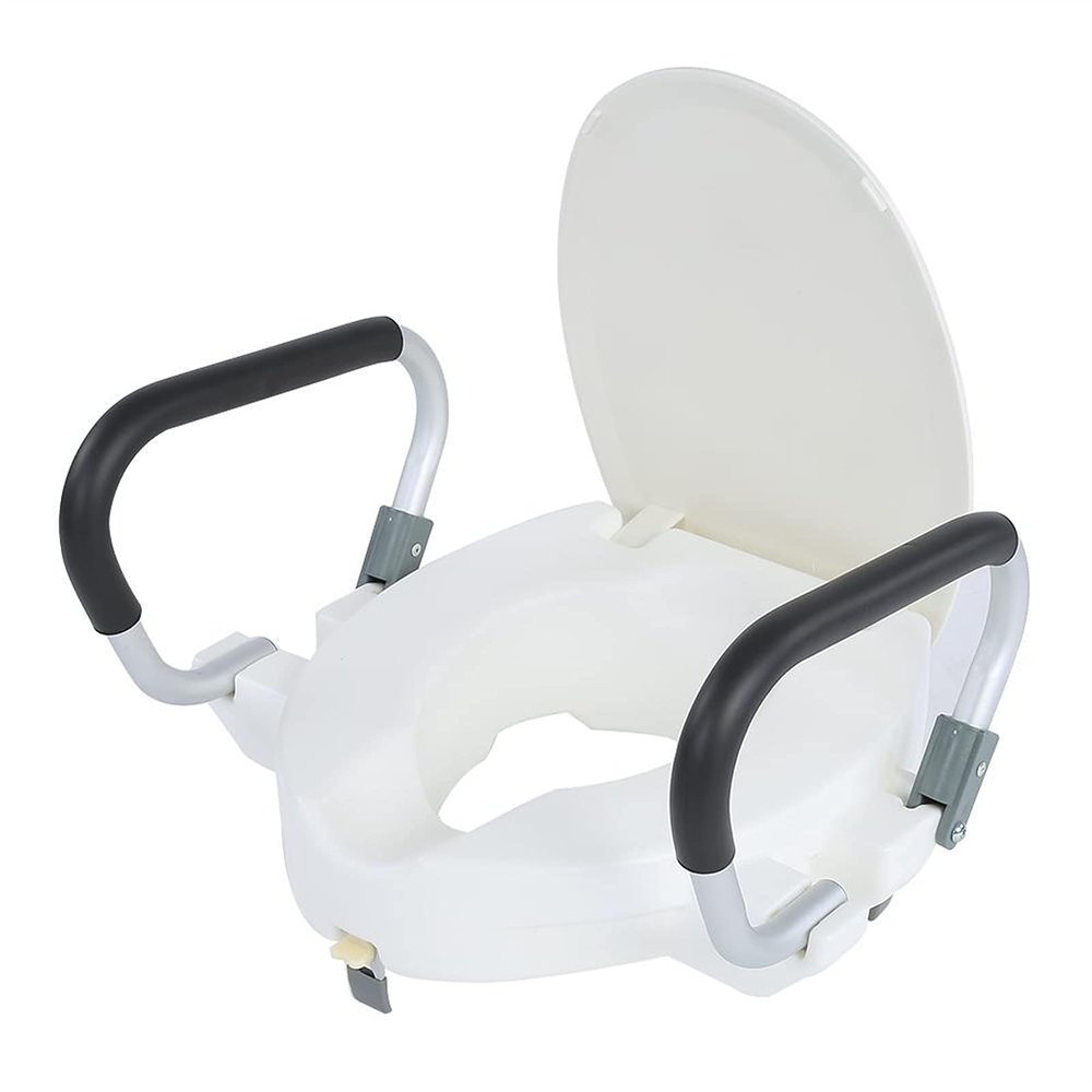 10cm Elevated Raised Toilet Seat for Elderly with Removable Padded Arms and Lid White Toilet Frame Lift Cover