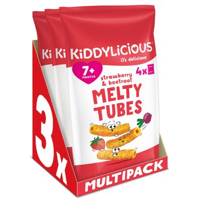 Kiddylicious Strawberry & Beetroot Melty Tubes - Delicious Snacks for Kids - Suitable for 7+ Months - 3 Packs of 4 (12 Total)