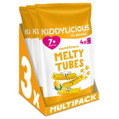 Kiddylicious Sweetcorn Melty Tubes - Delicious Snacks for Kids - Suitable for 7+ Months - 3 Packs of 4 (12 Total)