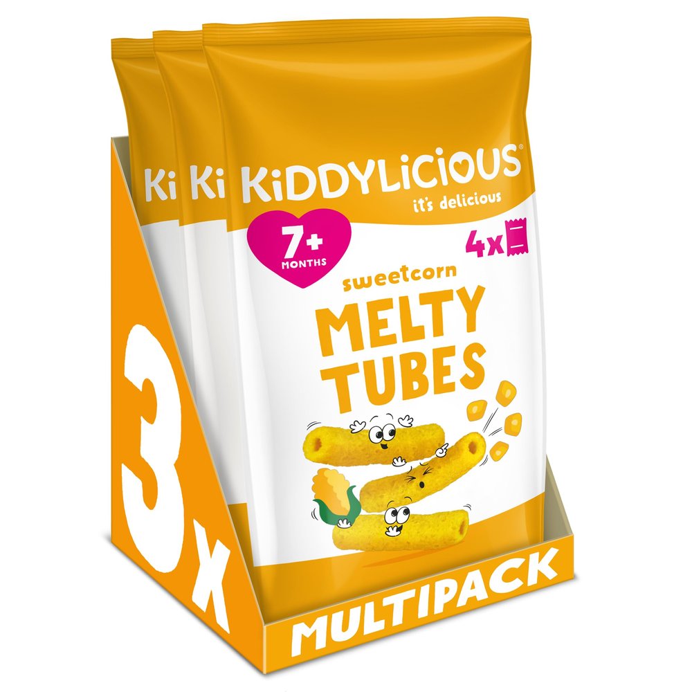Kiddylicious Sweetcorn Melty Tubes - Delicious Snacks for Kids - Suitable for 7+ Months - 3 Packs of 4 (12 Total)