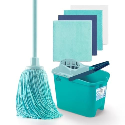 Blue Dolphin Mop with Folding Stick and Bucket Plus 4 Recycled Microfiber Cloths Sustainable Cleaning Set for Home Floors and All Surfaces