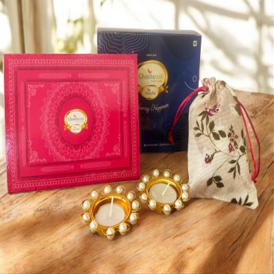 Ghasitaram Gifts Jaiccha Blue Box of Best Bites, Almonds Jute Pouch and t-Lights|Gift for Diwali,Holi,Valentine,Birthday,Anniversary,Gift for Her,Him,Mothers Day,Fathers Day|