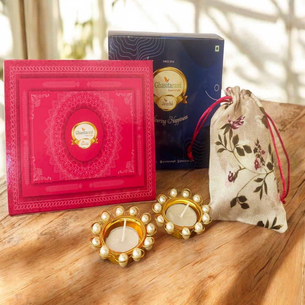 Ghasitaram Gifts Jaiccha Blue Box of Best Bites, Almonds Jute Pouch and t-Lights|Gift for Diwali,Holi,Valentine,Birthday,Anniversary,Gift for Her,Him,Mothers Day,Fathers Day|