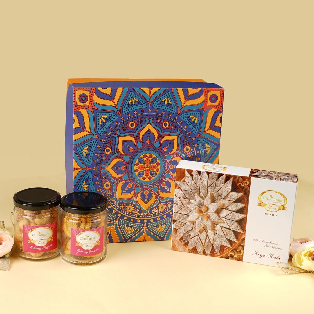 Ghasitaram Gifts Jaiccha Diwali Hamper Box of Kaju Katli, 2 Jars of Dryfruits and Diya|Gift for Diwali,Holi,Valentine,Birthday,Anniversary,Gift for Her,Him,Mothers Day,Fathers Day|