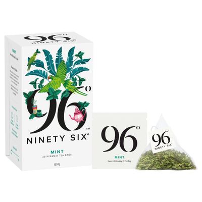 96 Mint Tea 20 Pyramid Tea Bags, Sweet, Refreshing & Cooling Herbal Tea, Caffeine-Free, Sugar Free, Individually Wrapped Recyclable Envelopes, Plant-Based Tea Bags with No Microplastics