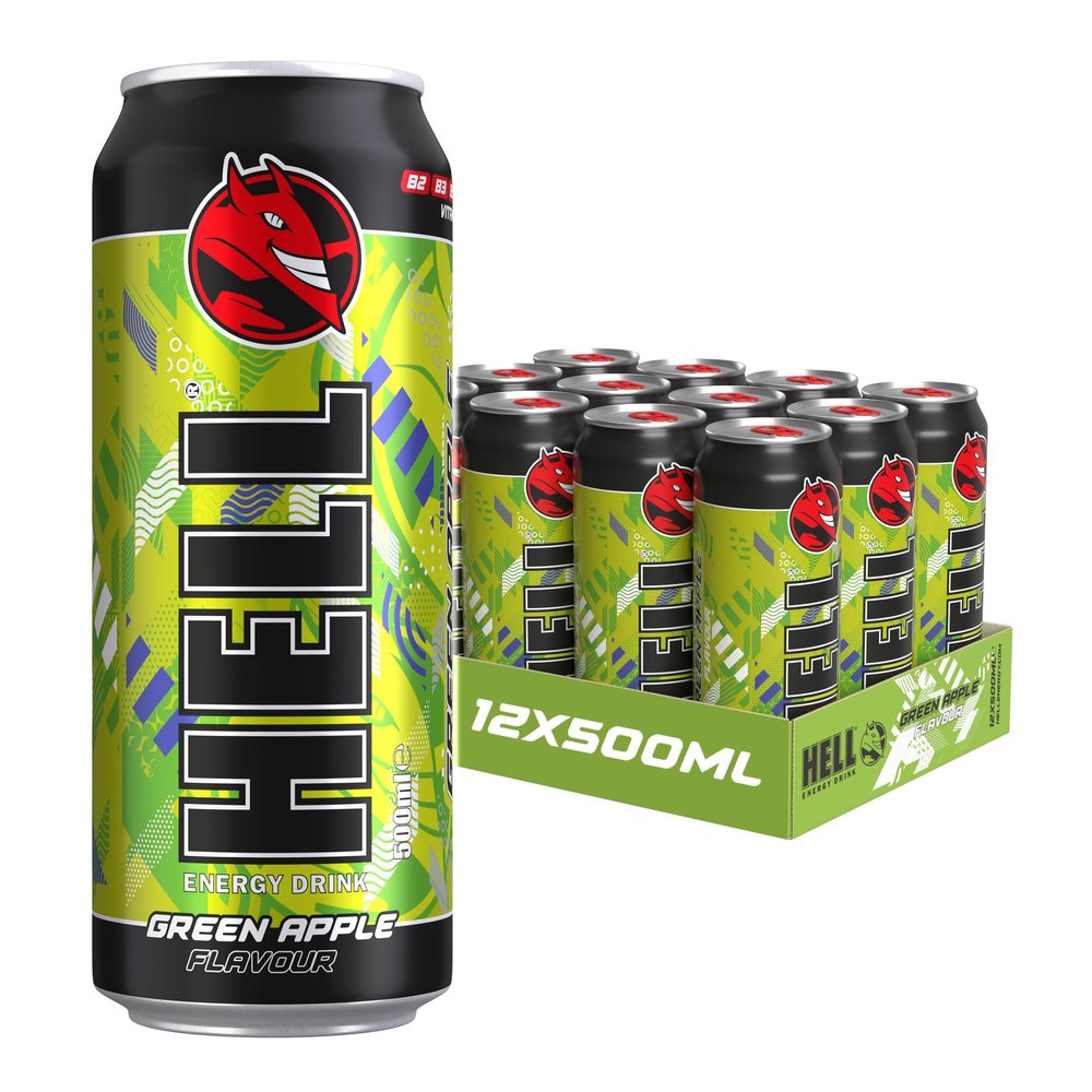 HELLGREEN APPLE Energy Drink | +20% More Caffeine | Vitamins B2, B3, B6, B12, C & D | No Preservatives | Environmentally Friendly Packaging | 12 x 500 ml | Compatible with HELL Energy