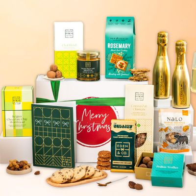 Festive Merry Christmas Gluten-Free Hamper Gift Basket, Luxury Gourmet Gifts for Women, Men, Couples, with Gluten Free Chocolate by EDEN & CO - Plus 2 Prosecco