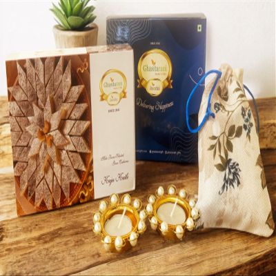 Ghasitaram Gifts Jaiccha Blue Box of Kaju Katli, Almonds Jute Pouch and t-Lights |Gift for Diwali,Holi,Valentine,Birthday,Anniversary,Gift for Her,Him,Mothers Day,Fathers Day|