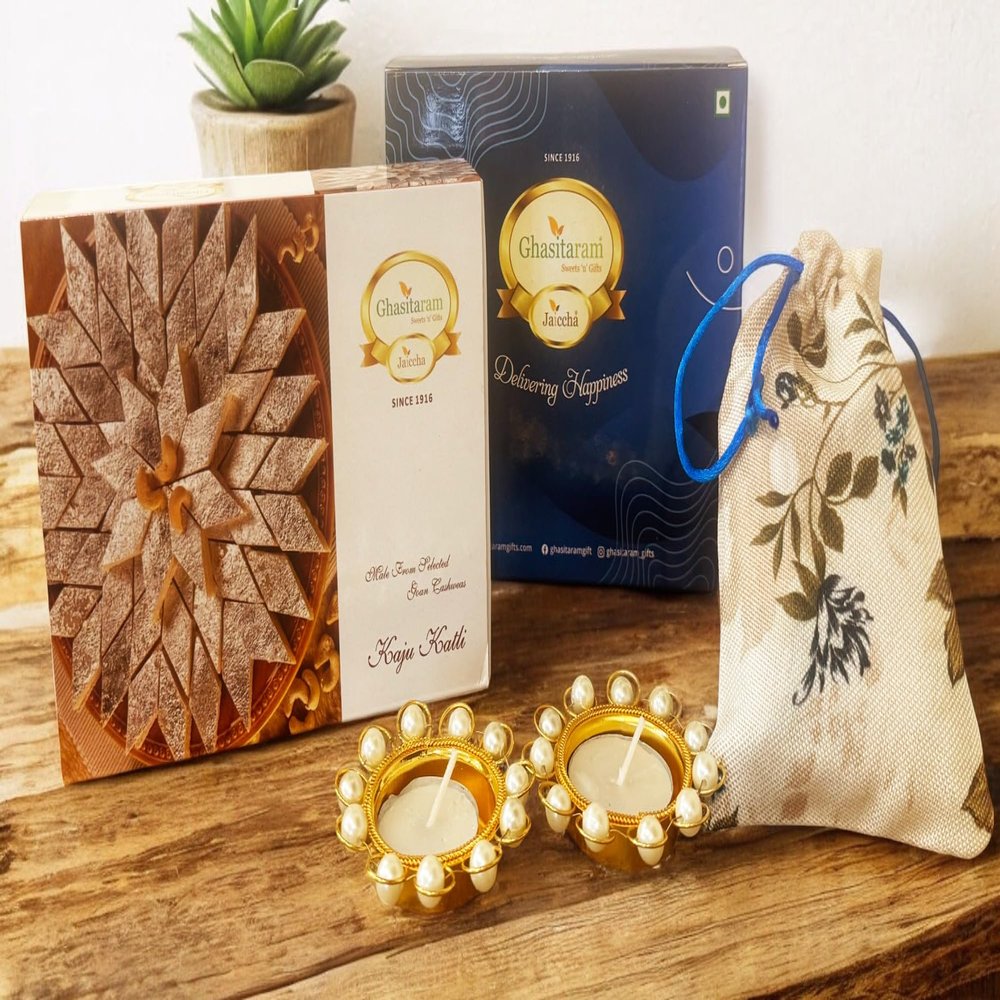 Ghasitaram Gifts Jaiccha Blue Box of Kaju Katli, Almonds Jute Pouch and t-Lights |Gift for Diwali,Holi,Valentine,Birthday,Anniversary,Gift for Her,Him,Mothers Day,Fathers Day|