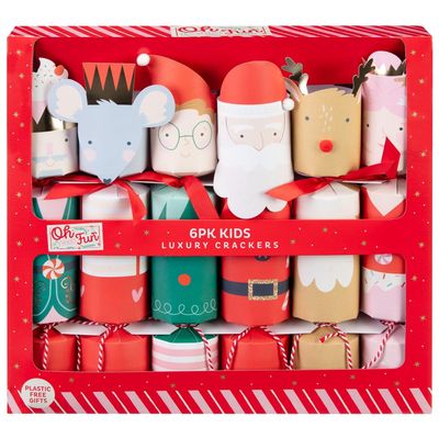 Oh What Fun Kids Luxury Christmas Crackers 6pk - These Whimsical Crackers Feature Adorable Christmas Icons And Are Packed Full Of Fun!