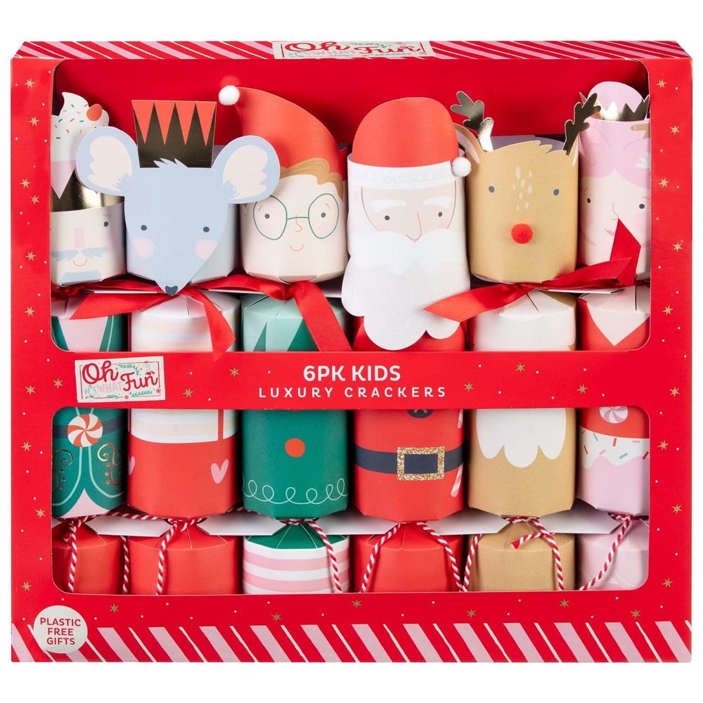 Oh What Fun Kids Luxury Christmas Crackers 6pk - These Whimsical Crackers Feature Adorable Christmas Icons And Are Packed Full Of Fun!