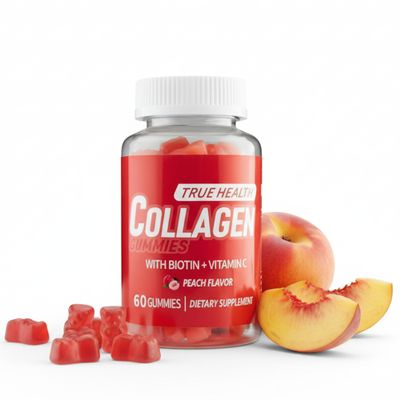 True Health Collagen Gummies with Vitamin C and Biotin Peach Flavored, Without Sugar or Gluten, Collagen Gummies for Women and Men Multivitamins Supports Hair, Skin & Nails 60 Units per Bottle