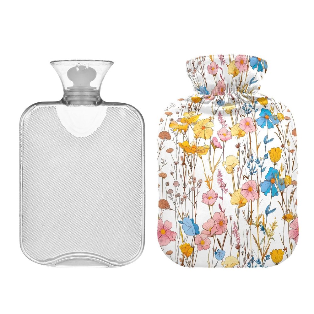 Hot Water Bottle with Soft Cover Pastel Colors Wildflowers Reusable Hot Water Bag Removable Hot Cold Pack for Pain Relief Bed Hand Feet Warmer 1 Liter