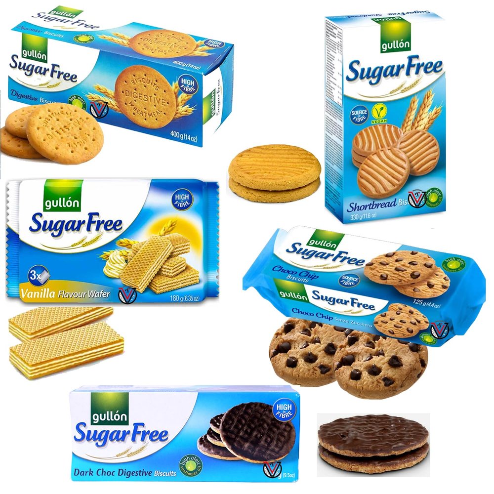 Gulon Sugar Free Digestive,Shortbread,Wafer,Chocolate Chip Biscuits Collections - Diabetic friendly & No Added Sugar Biscuits - 5 x Types of Biscuits Packs