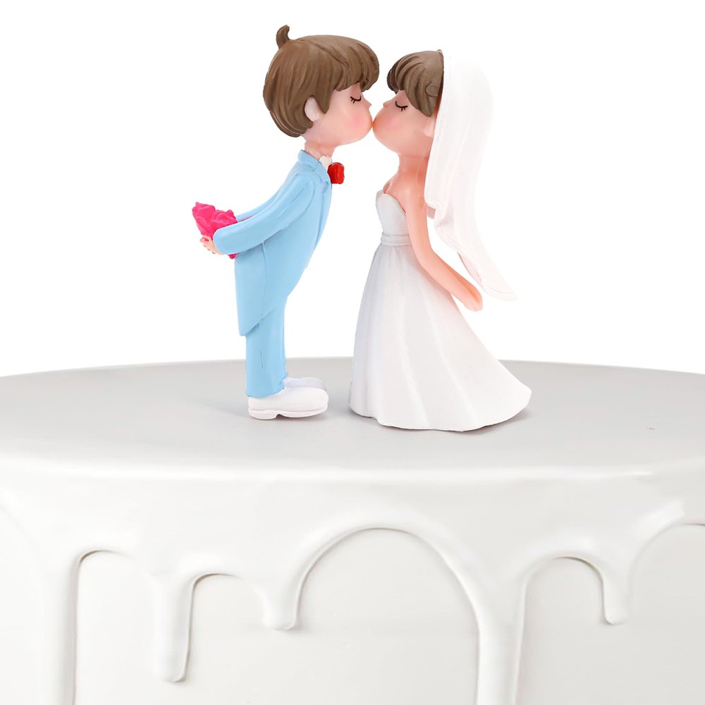 2pcs Cake Topper Miniature Scene Figure Sand Table Rustic Decoration Bride And Groom Figurine Wedding Cake Doll Engagement (Blue and White)