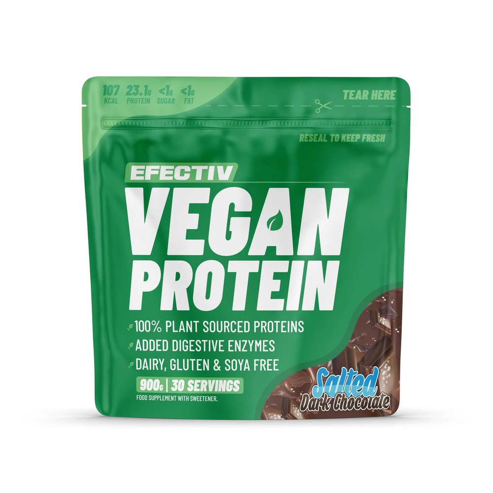 Efectiv Vegan Protein Powder 900g - Salted Dark Chocolate 23g Protein - Dairy, Gluten & Soy Free - Low Sugar Plant Based Protein Powder with Digestive Enzymes & Recyclable Packaging (30 Servings)