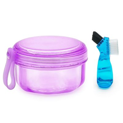 No Leak Partial Denture Case Retainer Bath Box Cup, Denture Soaking Cup False Teeth Holder Box Case with Strainer Basket and Brush (Transparent Purple)