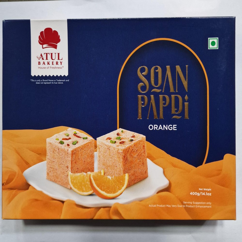 Atul Bakery Orange Soan Papdi Sweet  400g | Delicious & Flaky Indian Sweet | Infused with Zesty Orange Flavor | Used For Gifting on All Festive Occasions & Celebrations (Pack of 1)