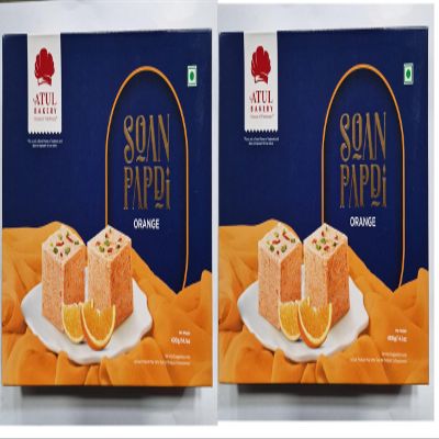 Atul Bakery Orange Soan Papdi Sweet  400g | Delicious & Flaky Indian Sweet | Infused with Zesty Orange Flavor | Used For Gifting on All Festive Occasions & Celebrations (Pack of 2)