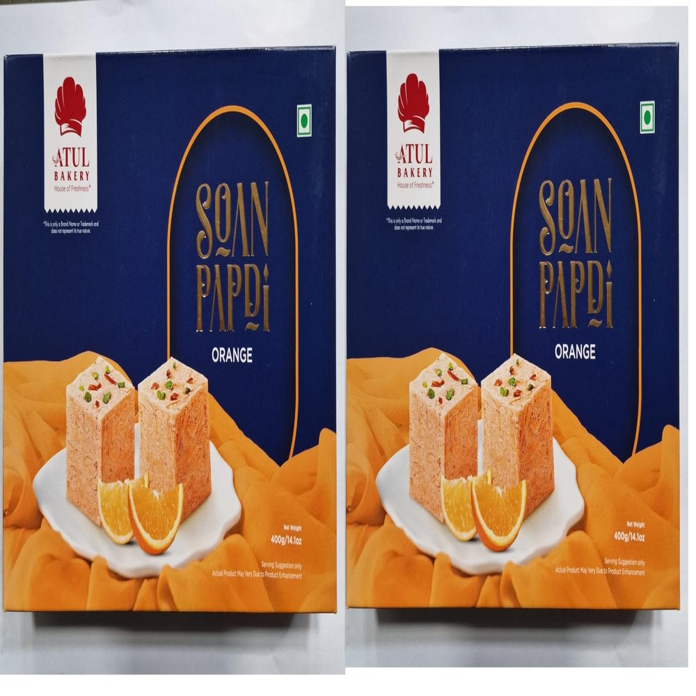 Atul Bakery Orange Soan Papdi Sweet  400g | Delicious & Flaky Indian Sweet | Infused with Zesty Orange Flavor | Used For Gifting on All Festive Occasions & Celebrations (Pack of 2)