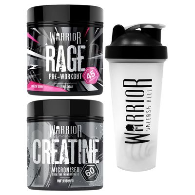 Bundle Warrior Rage Pre-Workout 392g + Creatine Monohydrate Powder 300g + Shaker 600ml - Improve Physical Performance and Recovery (Blazin' Berry)