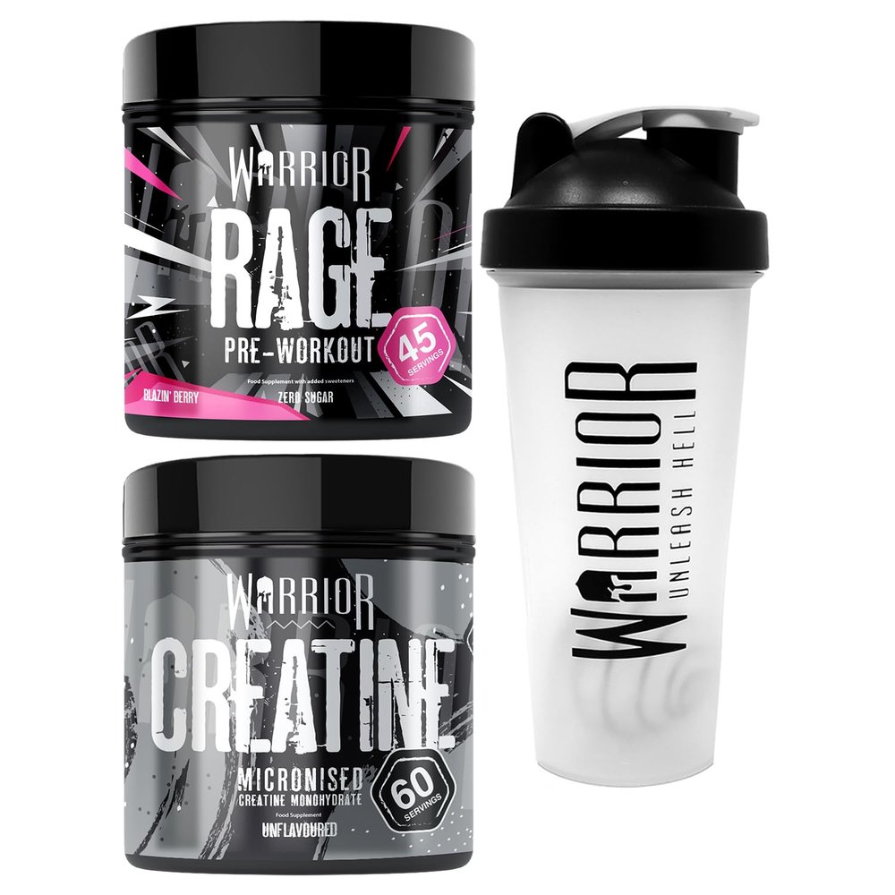 Bundle Warrior Rage Pre-Workout 392g + Creatine Monohydrate Powder 300g + Shaker 600ml - Improve Physical Performance and Recovery (Blazin' Berry)