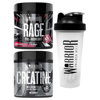 Bundle Warrior Rage Pre-Workout 392g + Creatine Monohydrate Powder 300g + Shaker 600ml - Improve Physical Performance and Recovery (Charged Cherry)