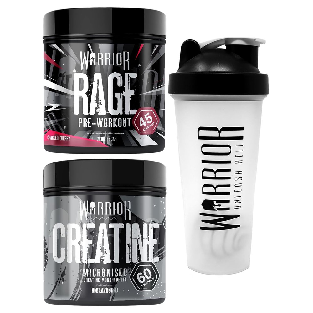 Bundle Warrior Rage Pre-Workout 392g + Creatine Monohydrate Powder 300g + Shaker 600ml - Improve Physical Performance and Recovery (Charged Cherry)