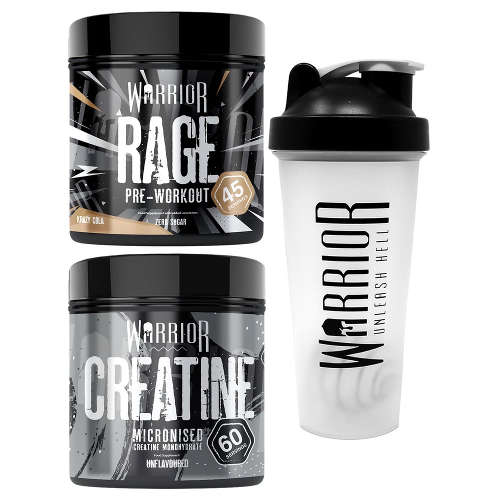 Bundle Warrior Rage Pre-Workout 392g + Creatine Monohydrate Powder 300g + Shaker 600ml - Improve Physical Performance and Recovery (Krazy Cola)