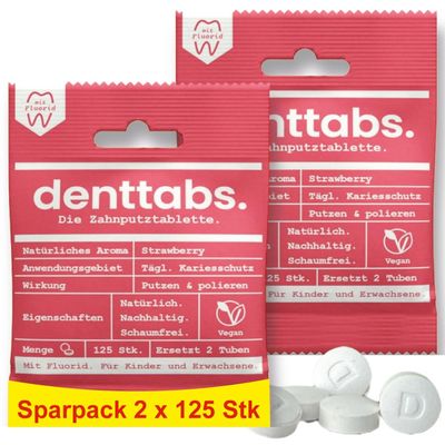 Denttabs Toothbrush Tablets Strawberry Flavour 2 x 125 Pieces The Complete Alternative to Toothpaste, Fluoride-Free for Children and Adults, Vegan Plastic-Free without Preservatives. Compostable Bag