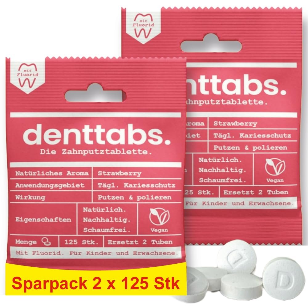 Denttabs Toothbrush Tablets Strawberry Flavour 2 x 125 Pieces The Complete Alternative to Toothpaste, Fluoride-Free for Children and Adults, Vegan Plastic-Free without Preservatives. Compostable Bag
