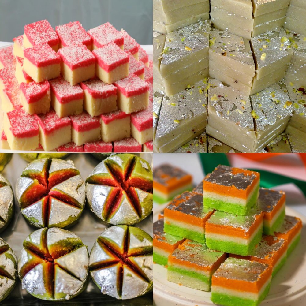 Lily's Indian Vegetarian Cuisine, Mixed Sweet Ice Coconut Barfi, Kaju Katli, Kaju komal, Tiranga Barfi (pack of 4 each 1, Pack of 8 Each 2) (4)
