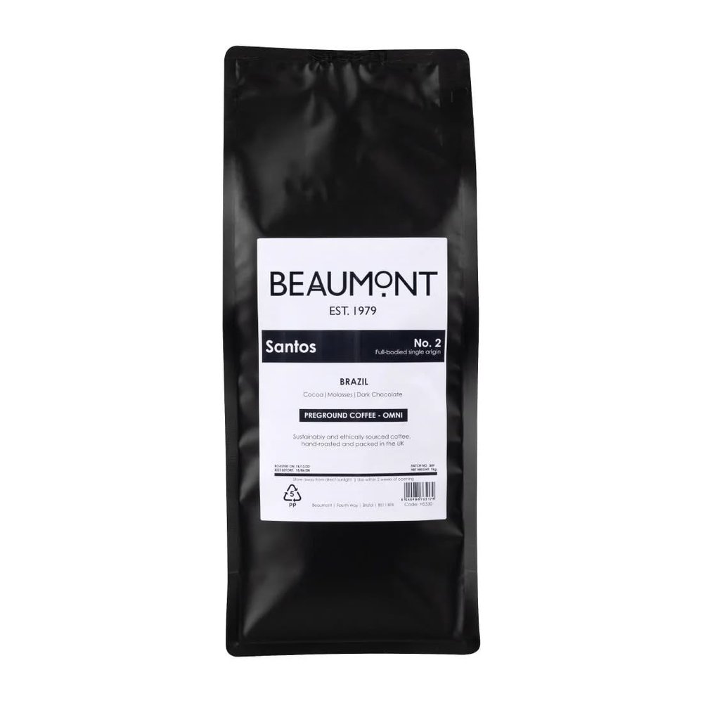 Beaumont No.2 Santos Grind Omni Coffee Dark Roasted Beans 1kg - Brazilian Arabica, Flavour Notes: Cocoa, Molasses, Dark Chocolate HS530