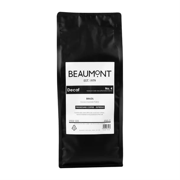 Beaumont No.4 Grind Coffee Roasted Beans Decaf Espresso 1kg - Flavour Notes: Cocoa, Caramel, Praline HS536
