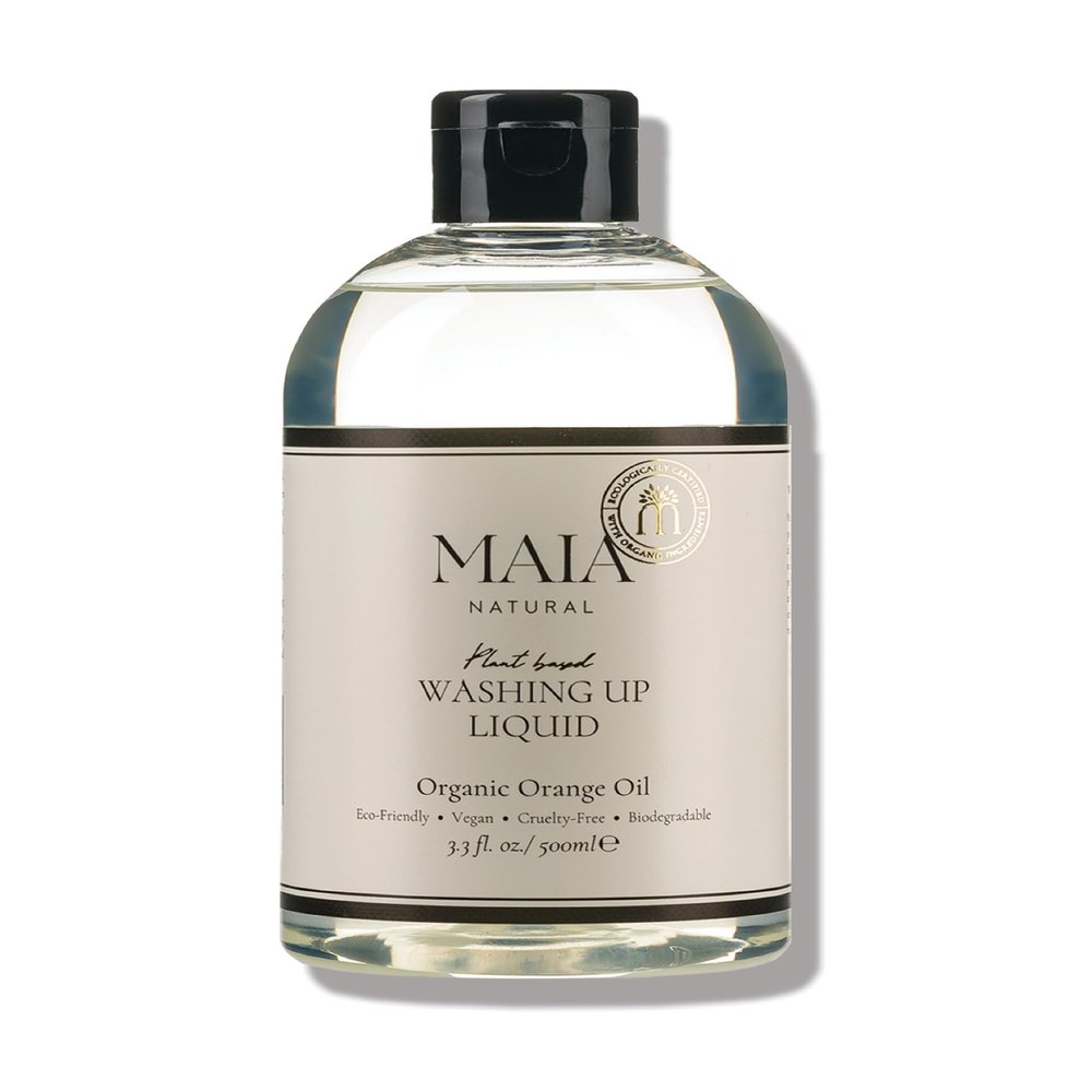 MAIA NATURAL Eco-Friendly Washing-Up Liquid 500ml | Vegan & ECOGARANTIE Certified | Non-Toxic Plant-Based Biodegradable Formula | Suitable for Sensitive Skin | Organic Certified Essential Orange Oil