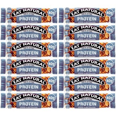 Eat Natural Fruit and Nut Bars Protein Full case Full Flavours 12x40g - Vegan gluten free, source of fibre, yoghurt coating, berries, peanut protein bars (Protein Peanuts & Dark Chocolate)