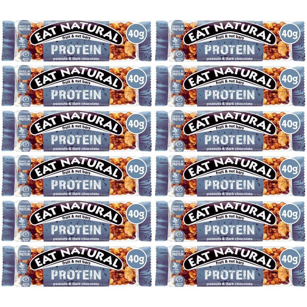 Eat Natural Fruit and Nut Bars Protein Full case Full Flavours 12x40g - Vegan gluten free, source of fibre, yoghurt coating, berries, peanut protein bars (Protein Peanuts & Dark Chocolate)