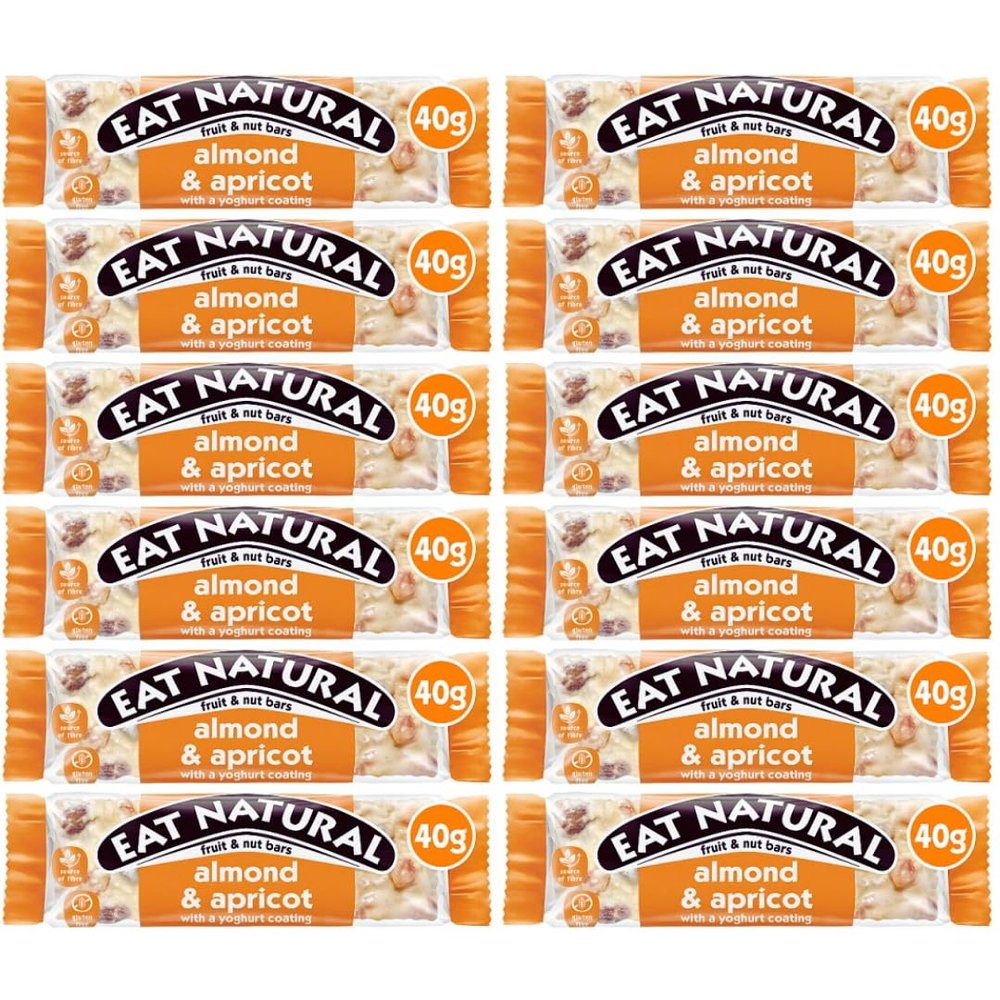 Eat Natural Fruit and Nut Bars Protein Full case Full Flavours 12x40g - Vegetarian Gluten free, source of fibre, yoghurt coating, berries, peanut protein bars (Almond & Apricot with Yoghurt Coating)